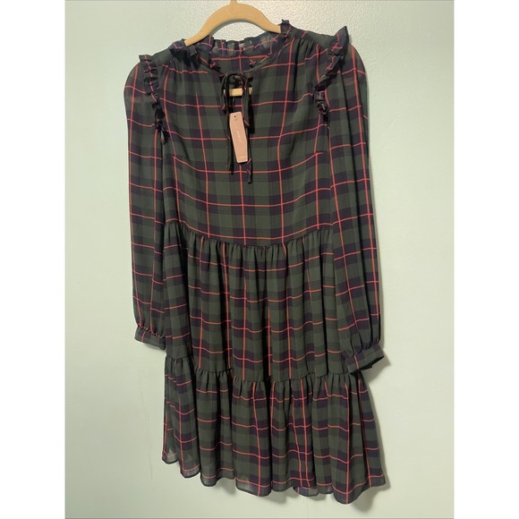 J Crew Women's XXS Dress Plaid Green Red School Girl Ruffled Tiered Puff Sleeve - Picture 1 of 14